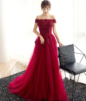 Burgundy tulle lace long prom dress, burgundy tulle evening dress