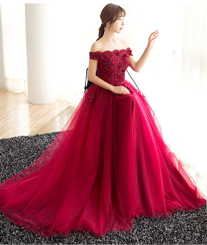 Burgundy tulle lace long prom dress, burgundy tulle evening dress
