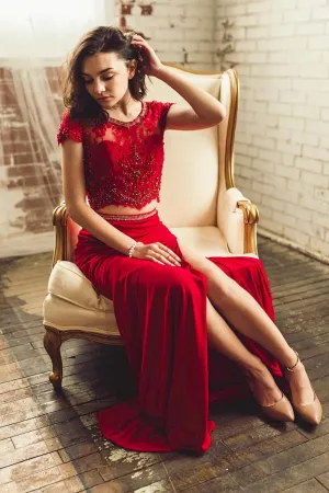 Burgundy two pieces lace long prom dress, burgundy evening dress