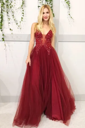 Burgundy v neck lace tulle long prom dress, burgundy evening dress