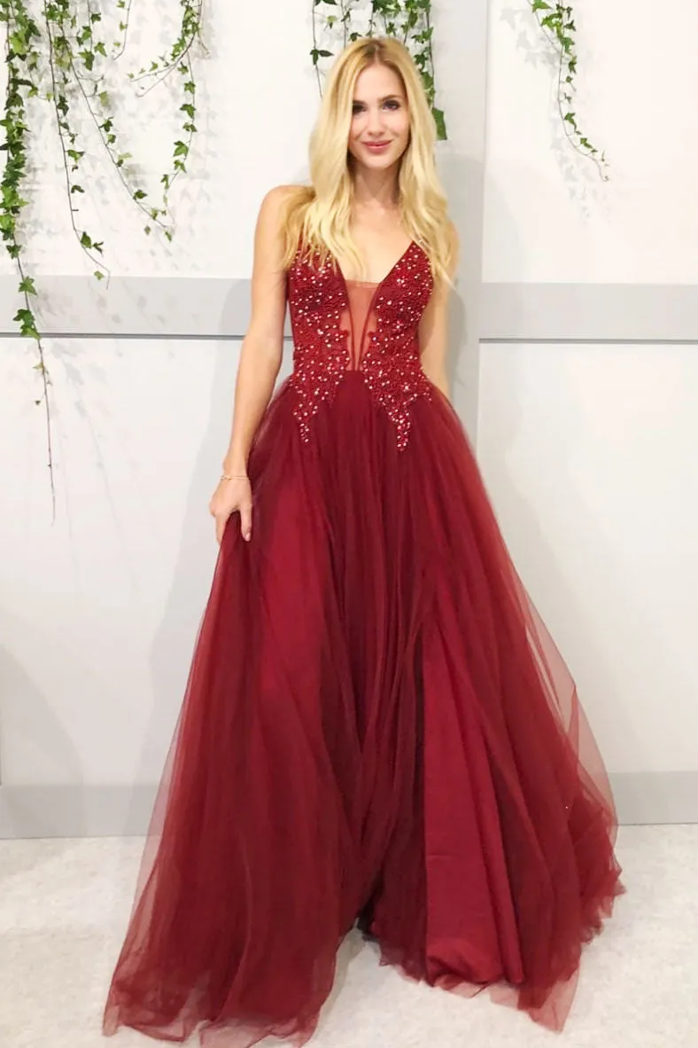 Burgundy v neck lace tulle long prom dress, burgundy evening dress
