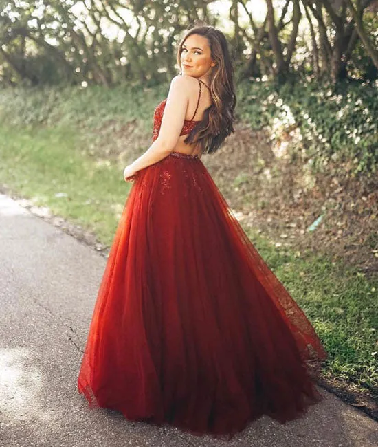 Burgundy v neck tulle long prom dress, burgundy evening dress
