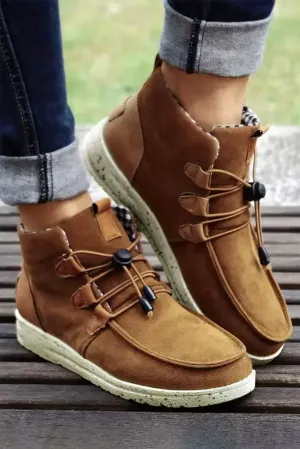 Camel Faux Suede Lace Up Flat Shoes