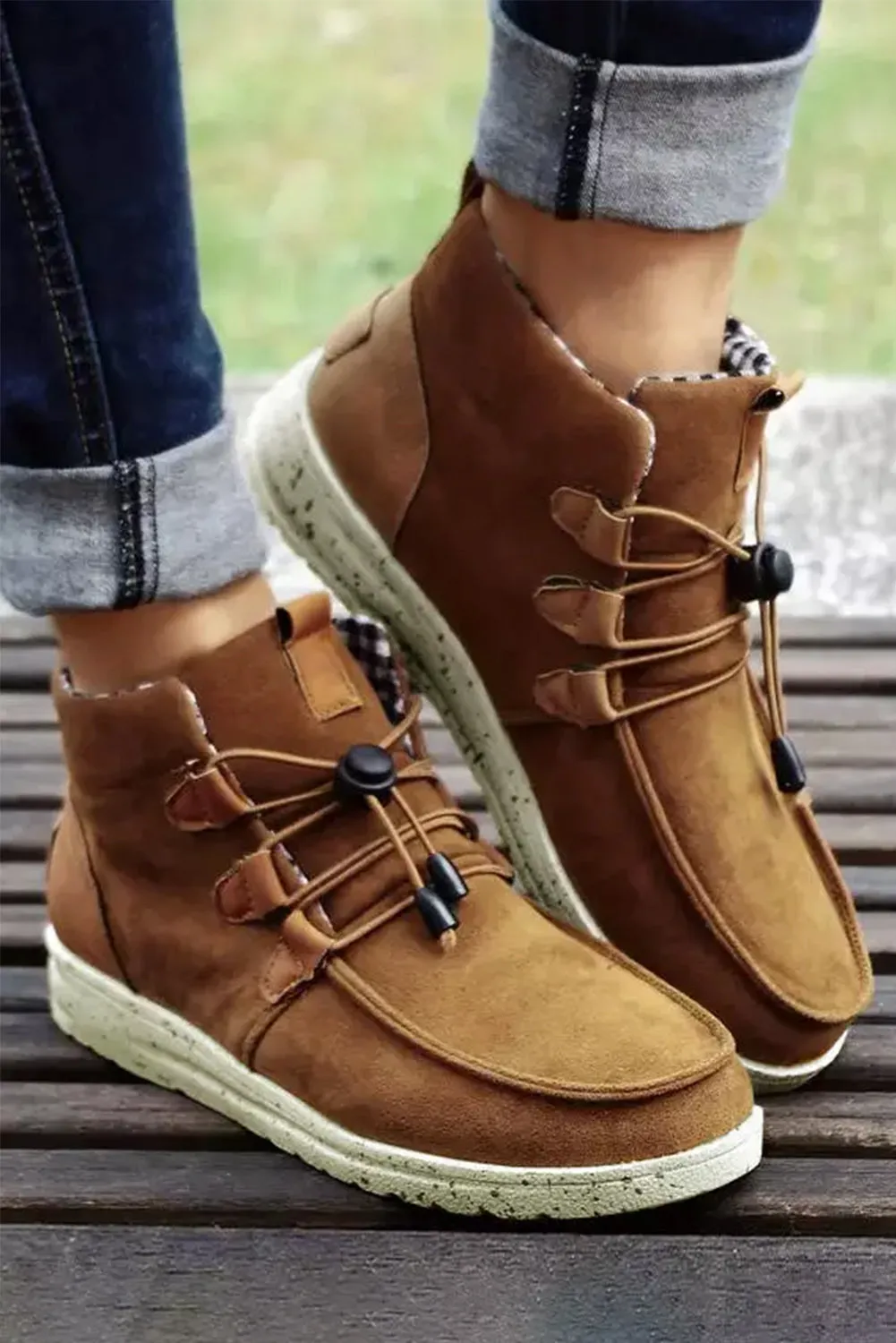 Camel Faux Suede Lace Up Flat Shoes