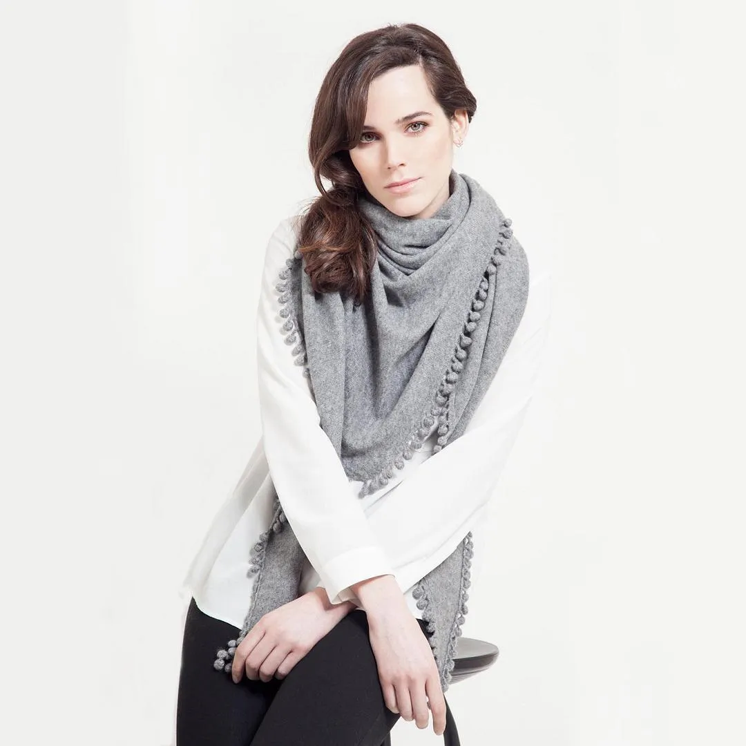 Cashmere Pom Pom Triangle Wrap in Heather