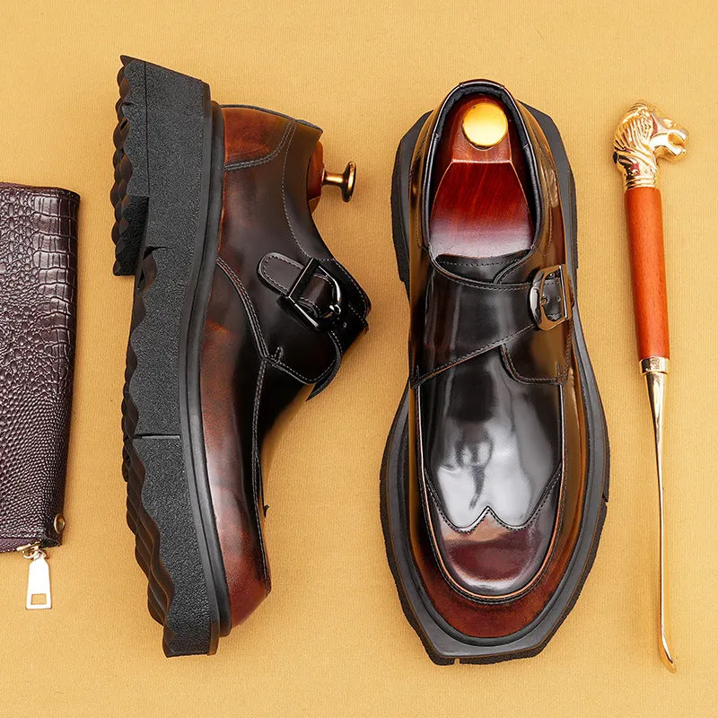 Casual Leather Shoes Men's Genuine Leather England Style Pointed Toe Top Layer Cowhide Business Formal Wear Buckle Monk Shoes Platform Height Increasing Shoes23676