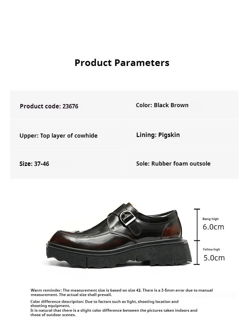 Casual Leather Shoes Men's Genuine Leather England Style Pointed Toe Top Layer Cowhide Business Formal Wear Buckle Monk Shoes Platform Height Increasing Shoes23676
