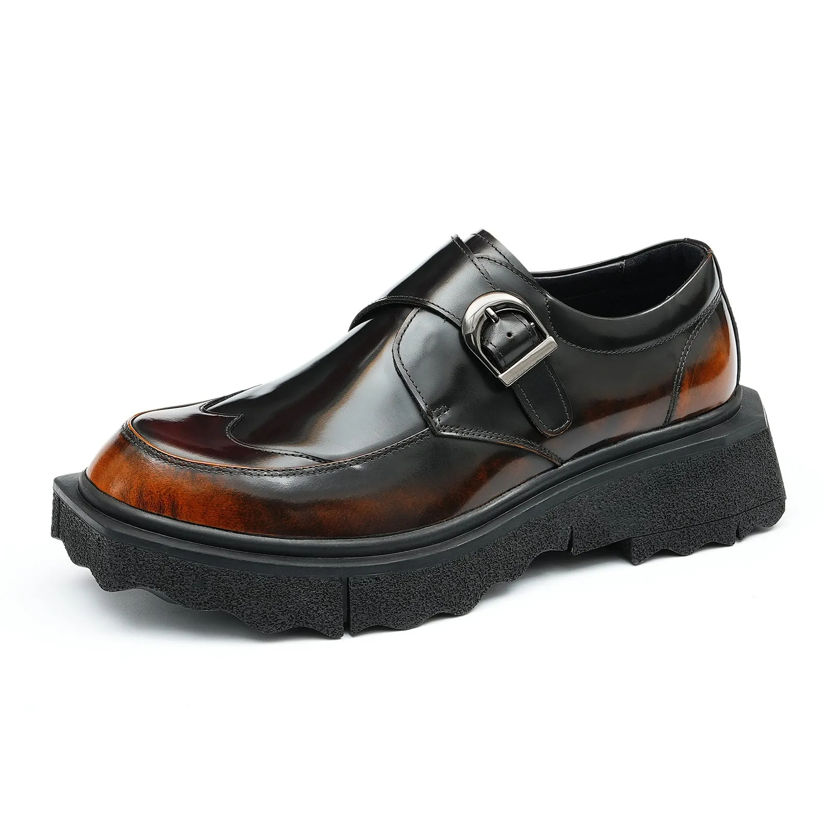 Casual Leather Shoes Men's Genuine Leather England Style Pointed Toe Top Layer Cowhide Business Formal Wear Buckle Monk Shoes Platform Height Increasing Shoes23676