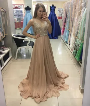 Champagne chiffon sequin long prom dress, champagne evening dress