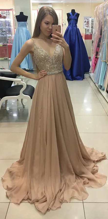 Champagne chiffon sequin long prom dress, champagne evening dress