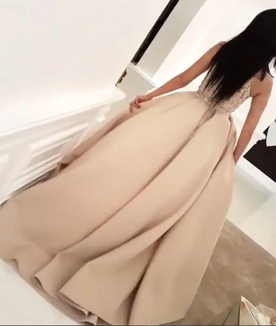 Champagne lace long prom dress, champagne evening dress