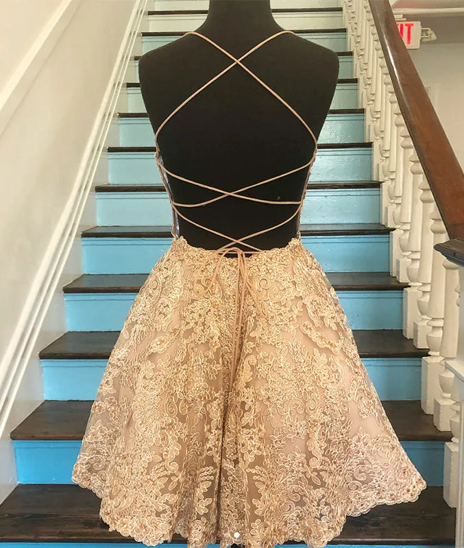 Champagne lace short prom dress, champagne lace homecoming dress