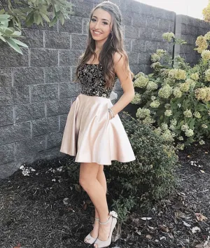 Champagne sweetheart beads short prom dress, champagne homecoming dress