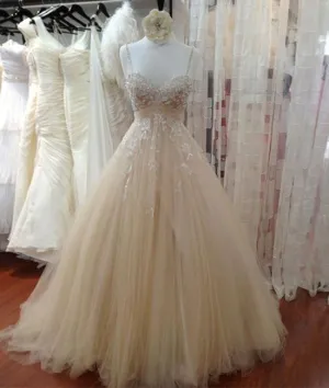 Champagne tulle lace long prom dress, lace wedding dress