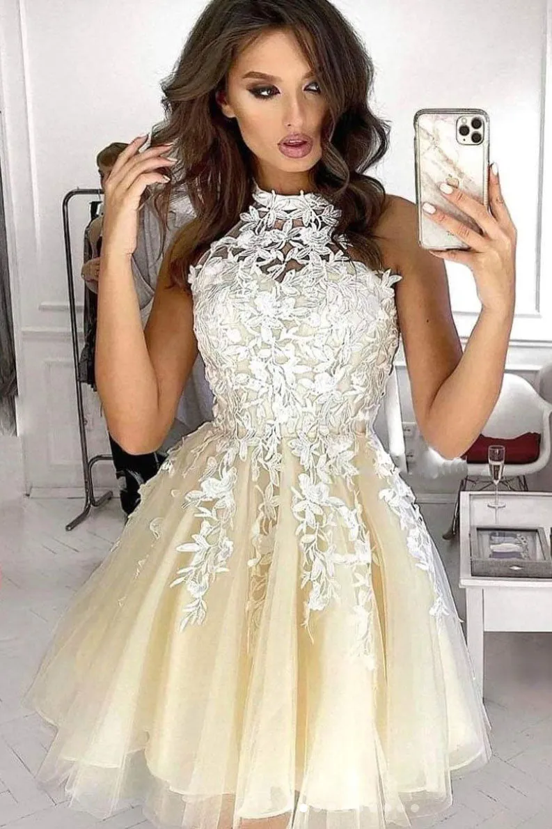 champagne tulle lace short prom dress lace cocktail dress