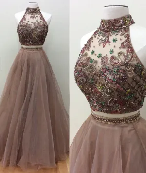 Champagne two pieces beads long prom dress, evening dress