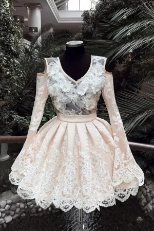 Champagne v neck lace short prom dress, lace homecoming dress