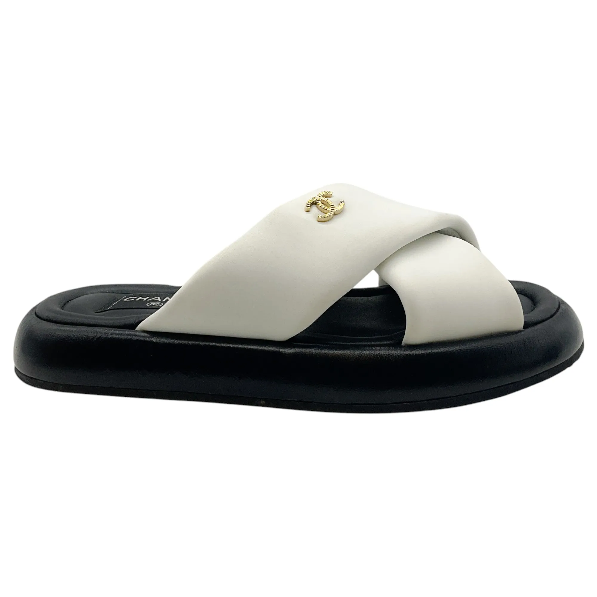 Chanel White / Black Criss Cross Slide Sandals