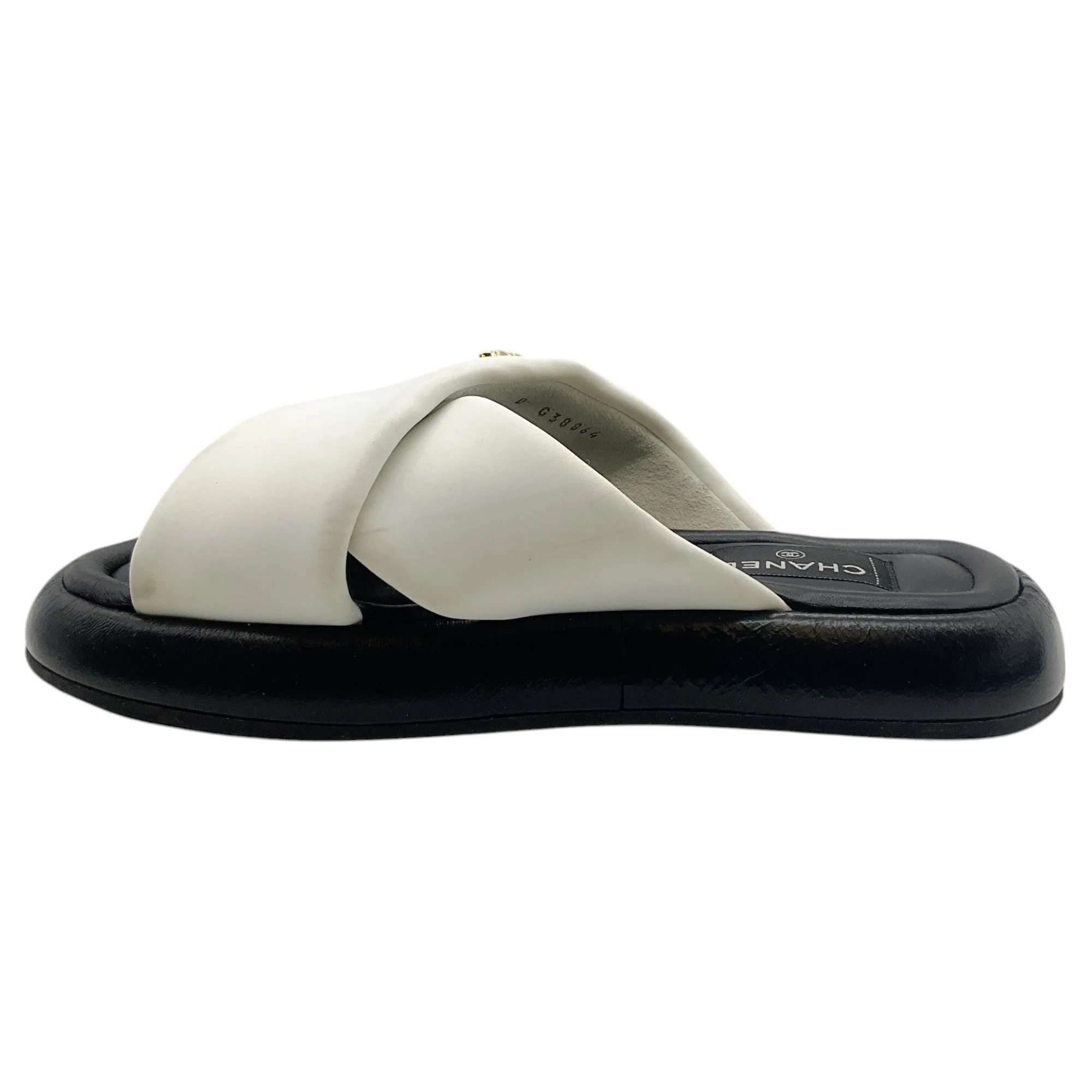 Chanel White / Black Criss Cross Slide Sandals