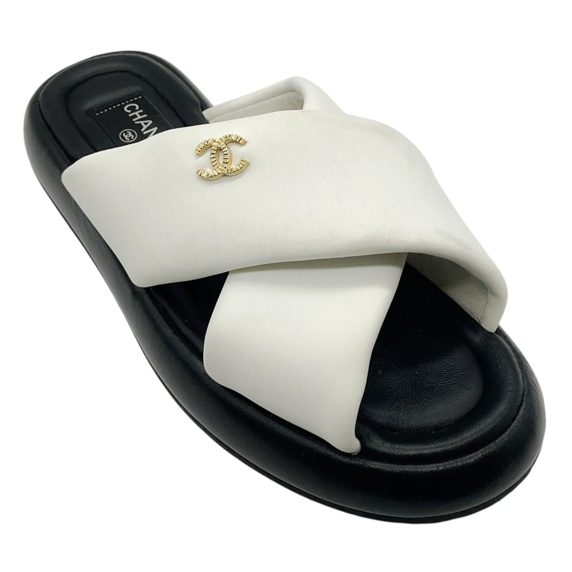 Chanel White / Black Criss Cross Slide Sandals