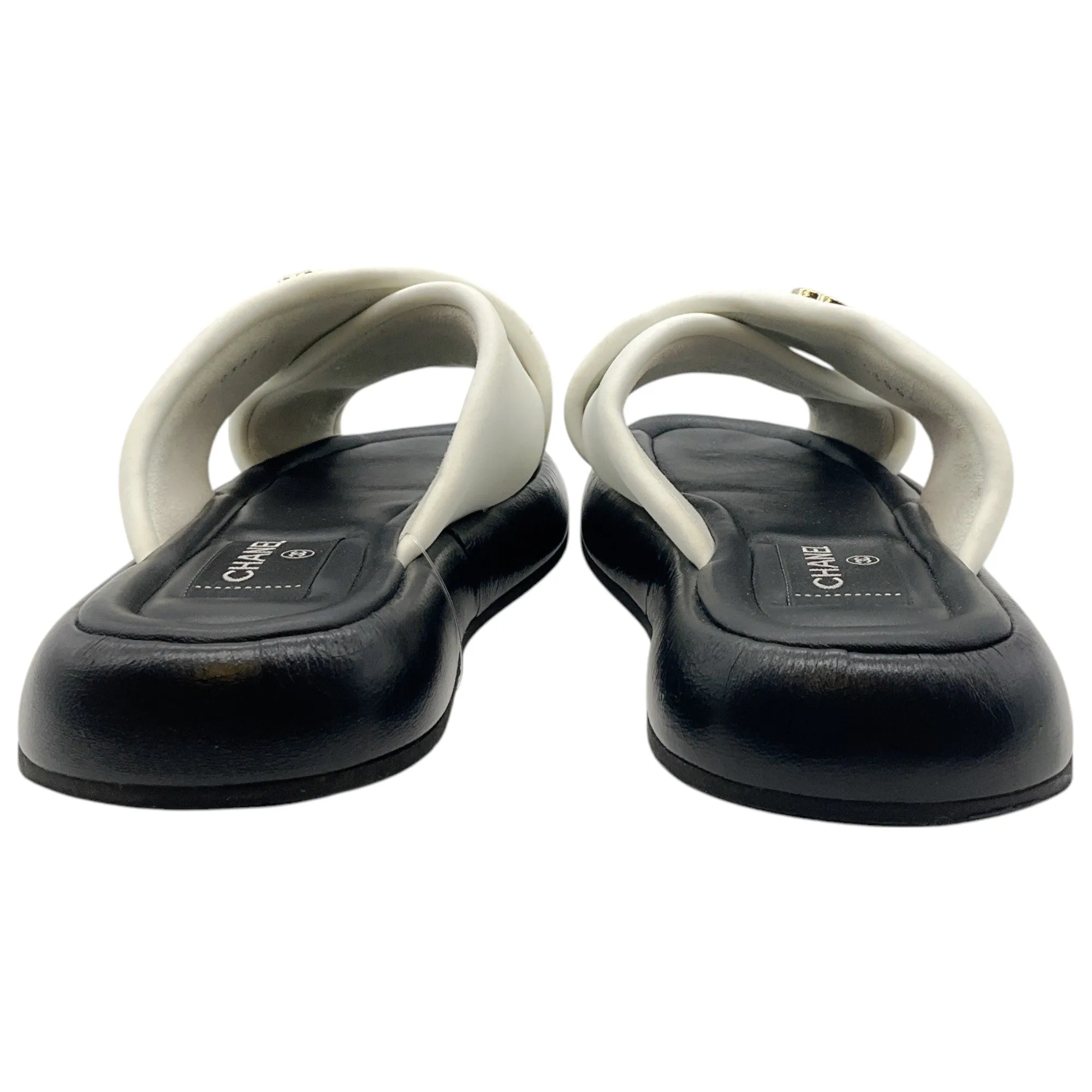 Chanel White / Black Criss Cross Slide Sandals