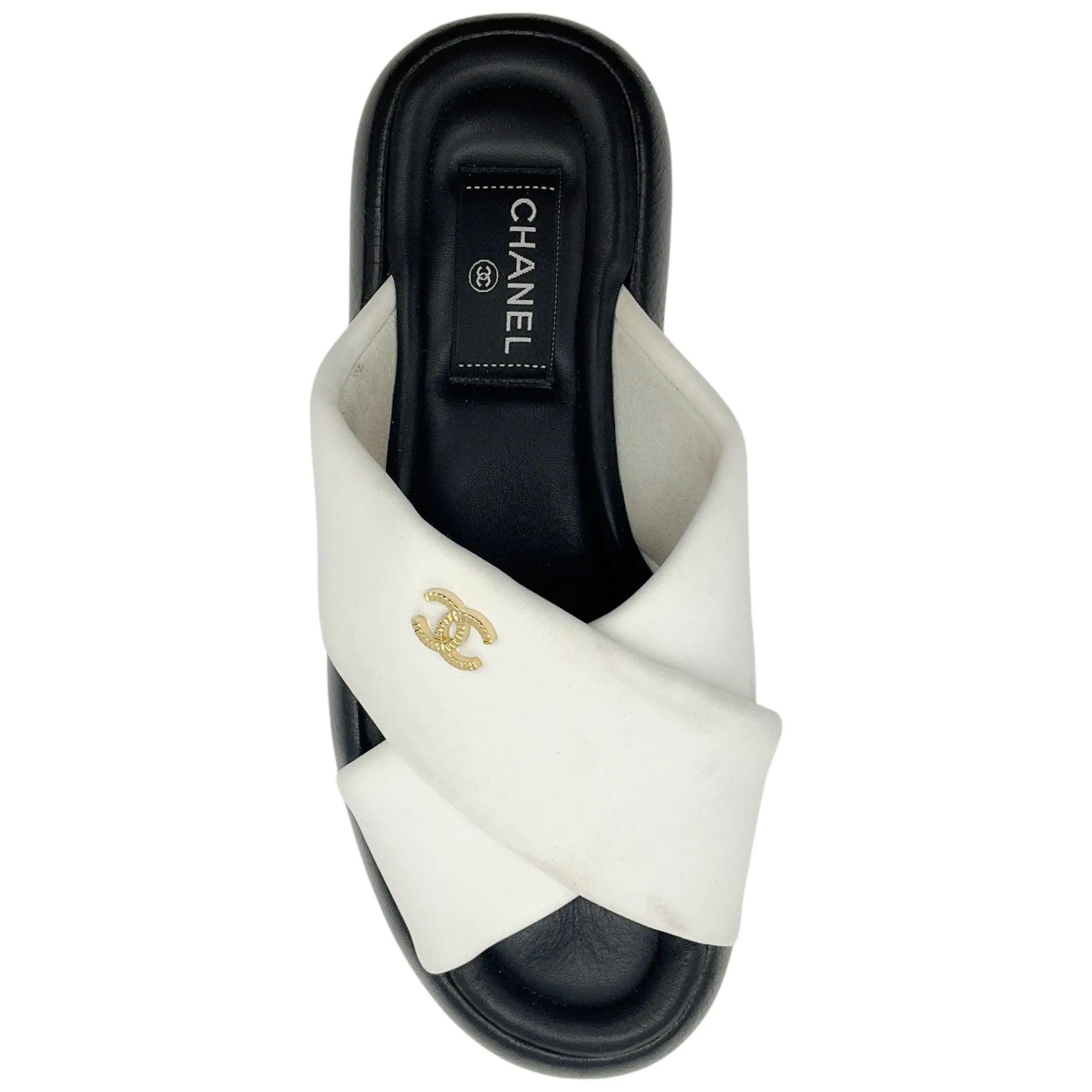 Chanel White / Black Criss Cross Slide Sandals