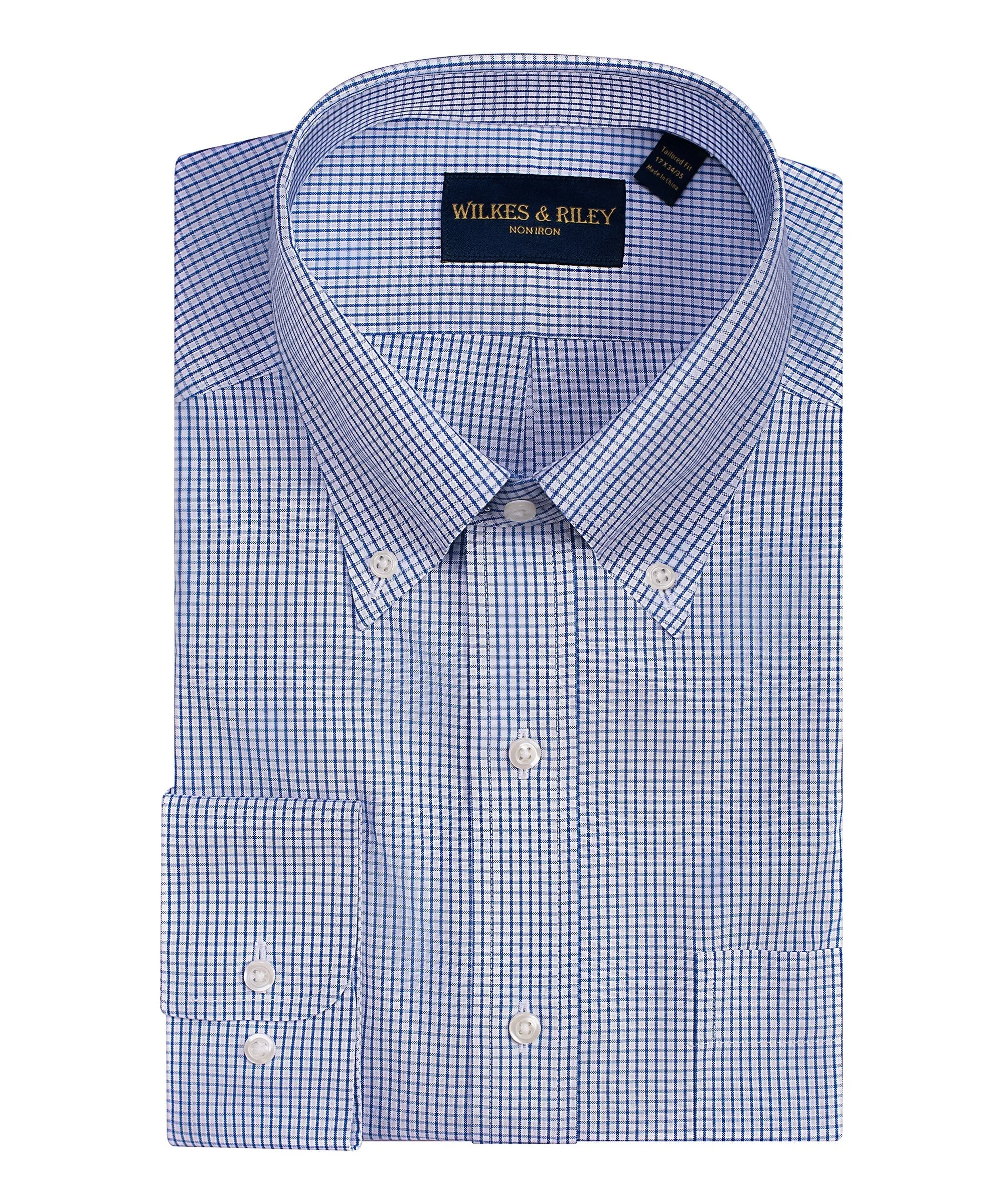 Classic Fit Blue graph Check Button-Down Collar Non-Iron Pinpoint Oxford Dress Shirt