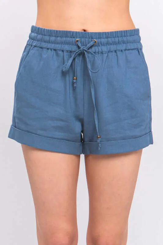 Claudia Drawstring Linen Shorts in Denim Blue