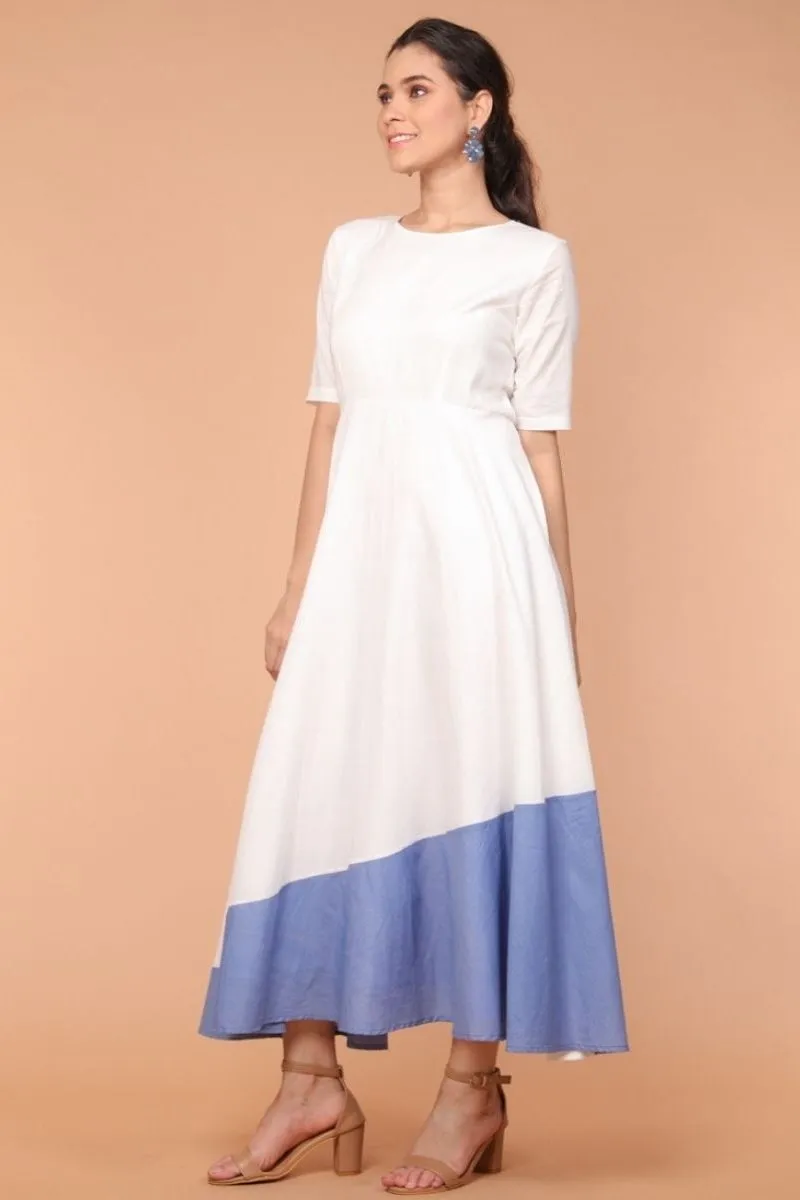 Cotton Maxi Dress in White and Oxford Blue Cotton