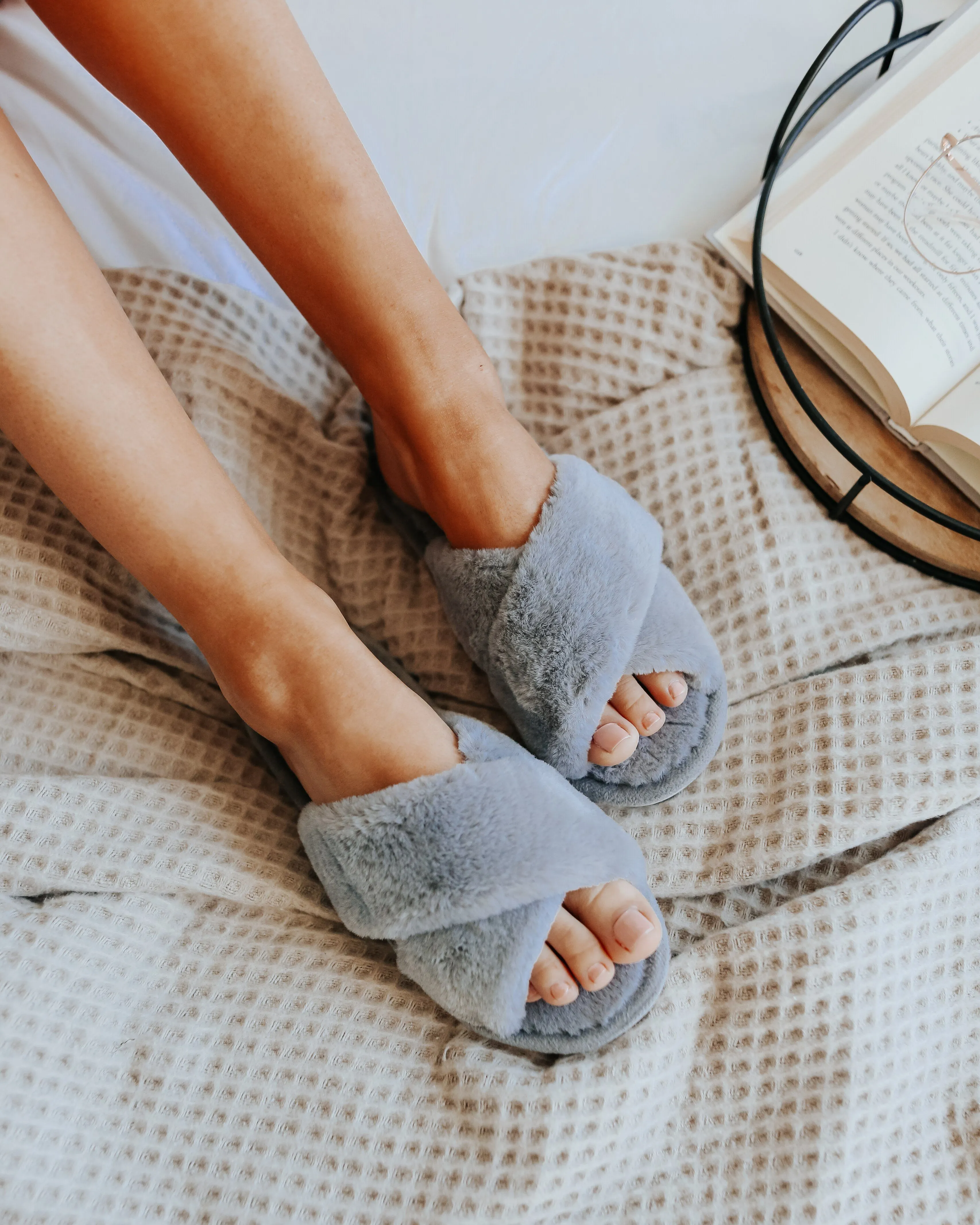 Cozy Faux Fur Cross Front Slippers - Grey