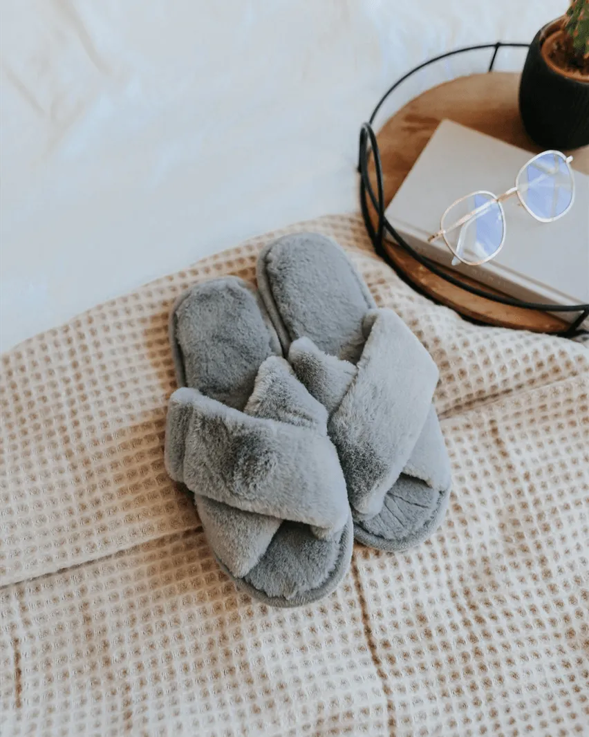 Cozy Faux Fur Cross Front Slippers - Grey