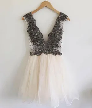 Custom made v neck beaded short prom dress. cute homecoming dress