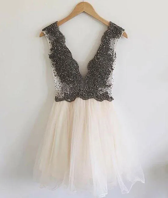 Custom made v neck beaded short prom dress. cute homecoming dress
