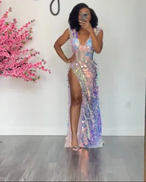 Custom Sleeveless Oyemwen Sequin High Slit Birthday Dress