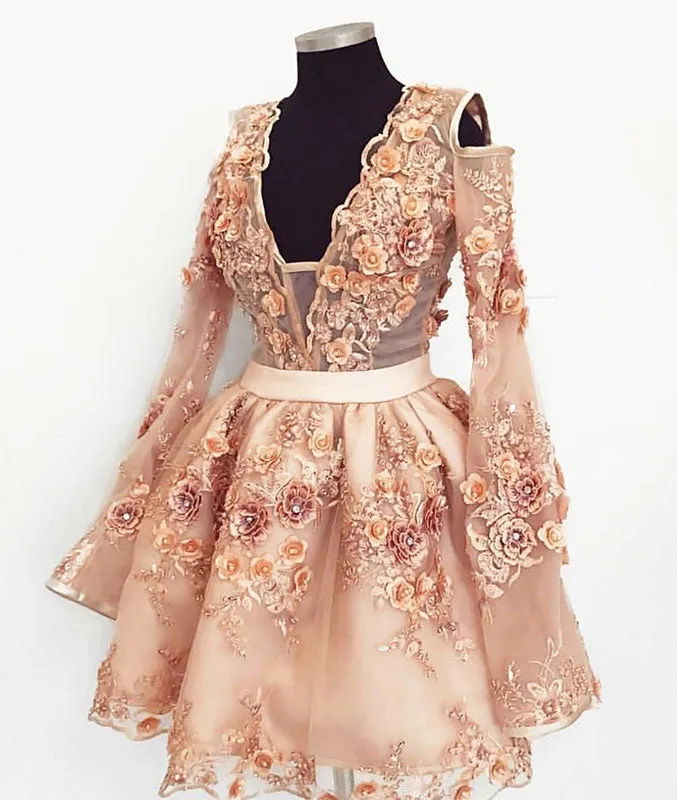 Cute champagne lace applique short prom dress, homecoming dress