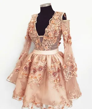 Cute champagne lace applique short prom dress, homecoming dress