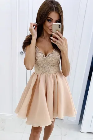 Cute champagne lace short prom dress, homecoming dress