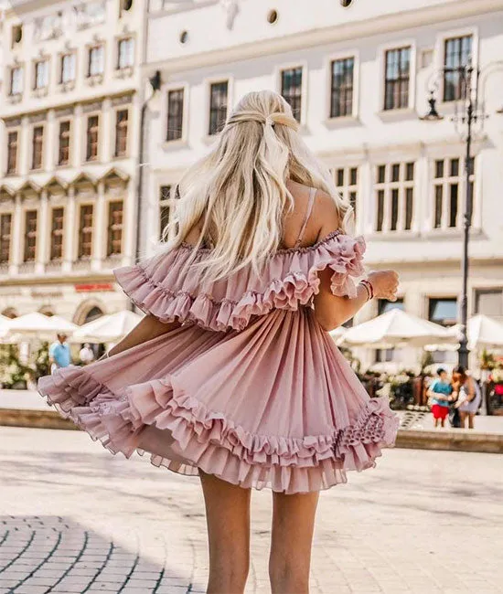 Cute chiffon pink short prom dress, pink homecoming dress