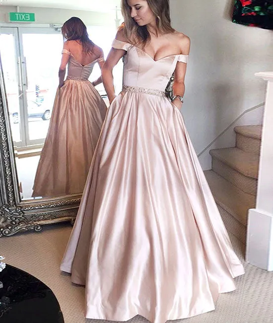 Cute off shoulder long prom dress, long formal dress