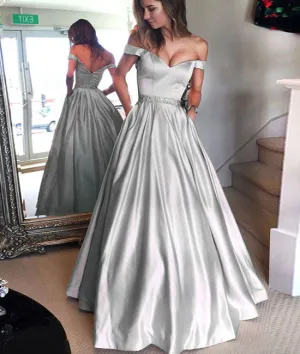 Cute off shoulder long prom dress, long formal dress