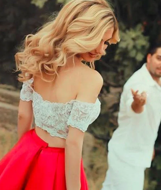 Cute Red 2 Pieces Short Lace Prom Dresses, Evening Dress