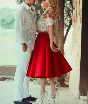 Cute Red 2 Pieces Short Lace Prom Dresses, Evening Dress