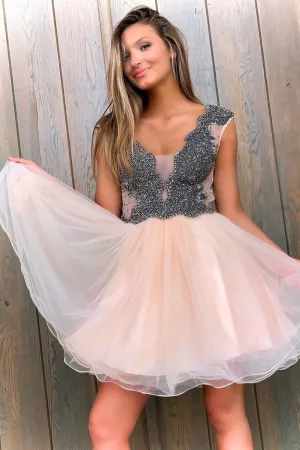 Cute v neck tulle beads short prom dress tulle homecoming dress