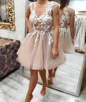 Cute  v neck tulle lace short prom dress, tulle homecoming dress