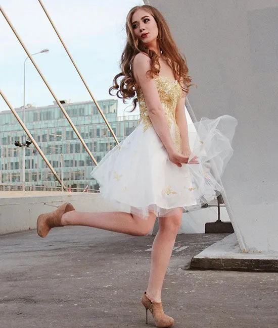 Cute white sweetheart neck lace applique short prom dress, homecoming dress