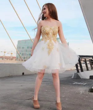 Cute white sweetheart neck lace applique short prom dress, homecoming dress