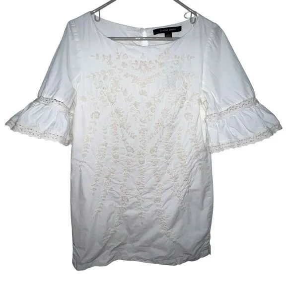 Cynthia Steffe White Floral Embroidered‎ Bell Short Sleeves Tunic Dress Size 6