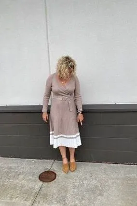 Dallas Waist Belt Pleated Sweater Dress