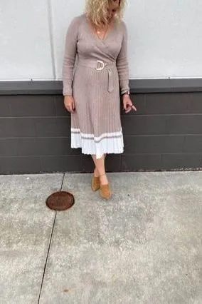 Dallas Waist Belt Pleated Sweater Dress