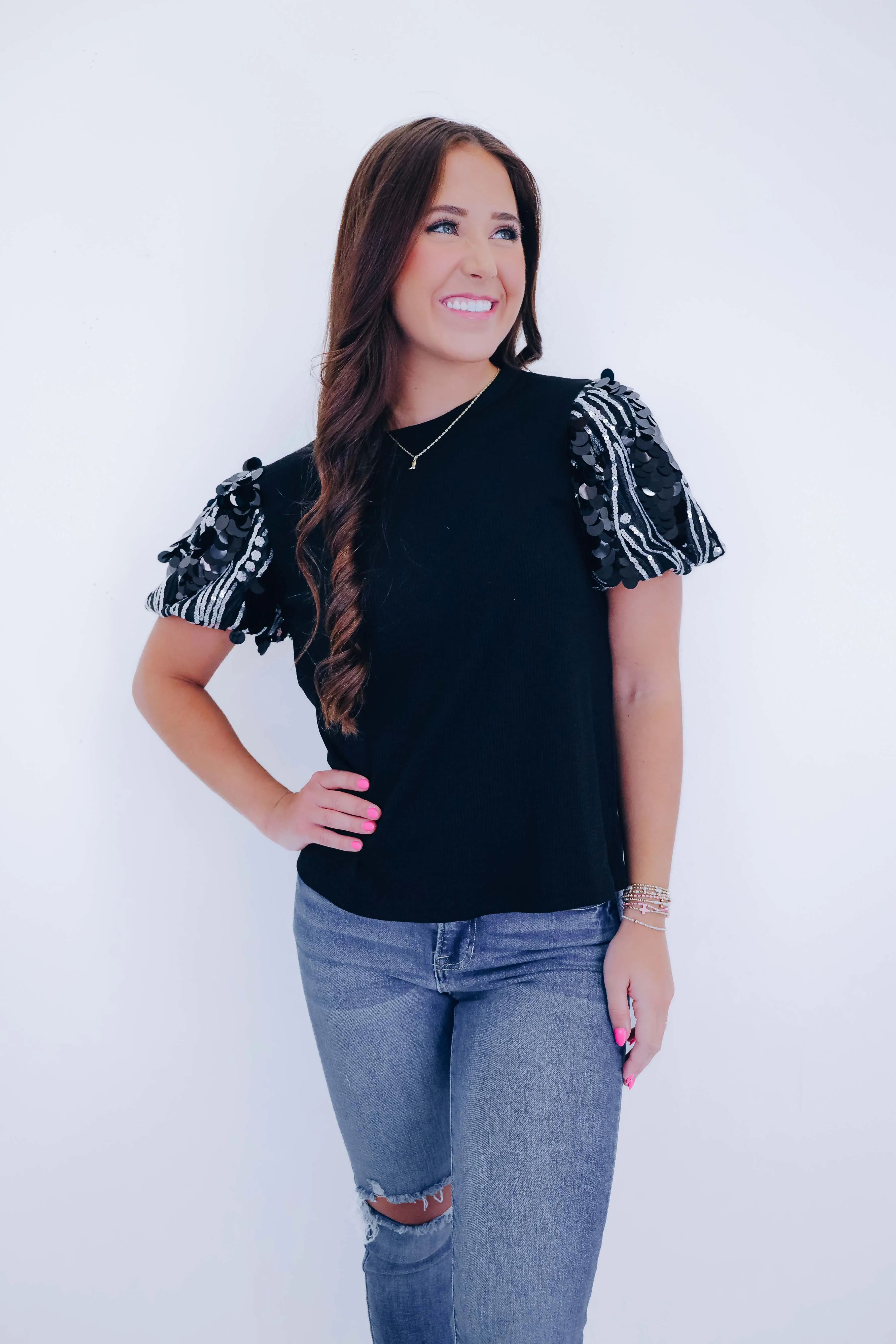 Darci Disc Sequin Puff Sleeve Top - 4 Colors